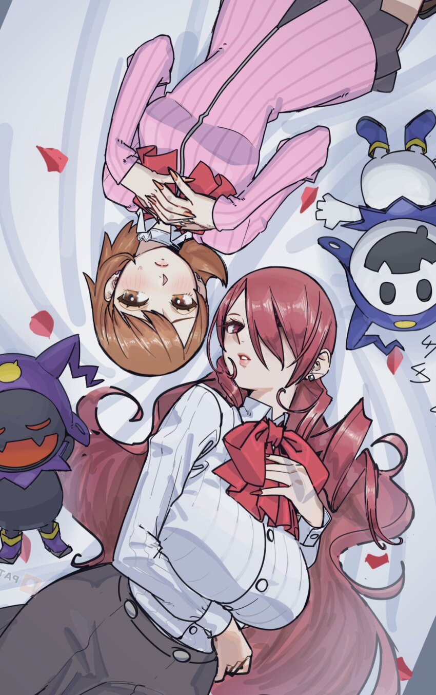 2girls alternate_breast_size_(larger) black_frost black_skirt blush breasts brown_hair chainsaw_man character_doll closed_mouth commentary_request doll fingernails hair_over_one_eye highres jack_frost_(megami_tensei) kirijou_mitsuru large_breasts lips long_hair looking_at_viewer lying multiple_girls one_eye_covered own_hands_together parted_lips persona persona_3 pink_lips pink_nails poechan_chan red_hair scene_reference short_hair skirt swept_bangs takeba_yukari