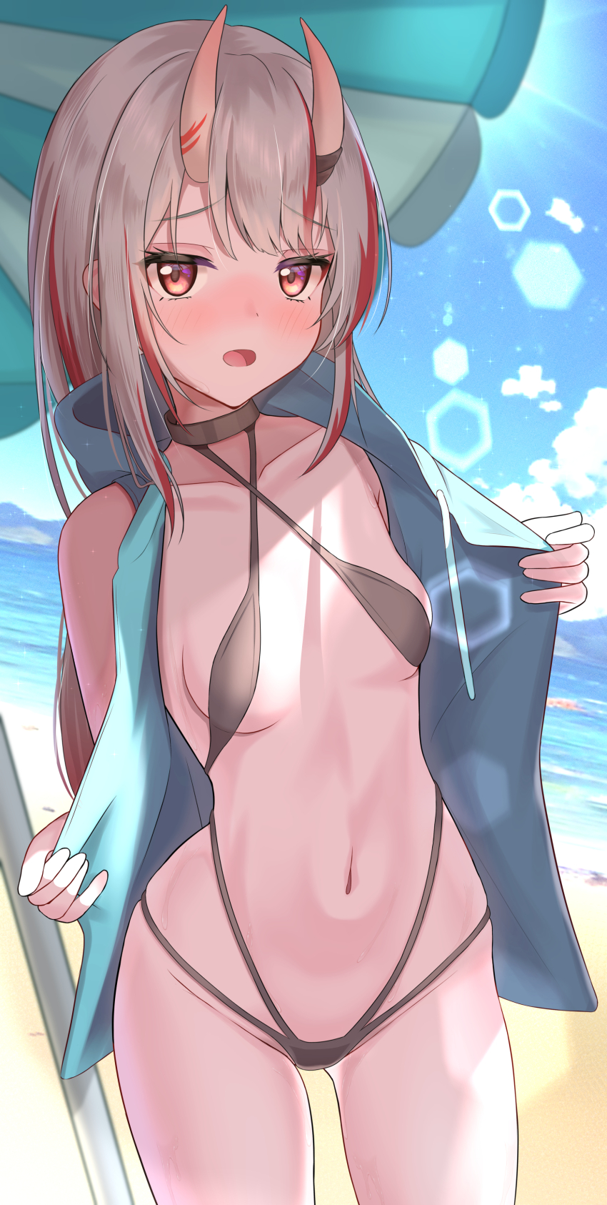 1girl absurdres beach bikini black_bikini blue_jacket blue_sky blush breasts cloud grey_hair highres hololive horns jacket kaju_paint looking_at_viewer medium_hair nakiri_ayame navel oni open_clothes open_jacket open_mouth outdoors red_eyes red_streaks sand skin-covered_horns sky small_breasts solo swimsuit virtual_youtuber water