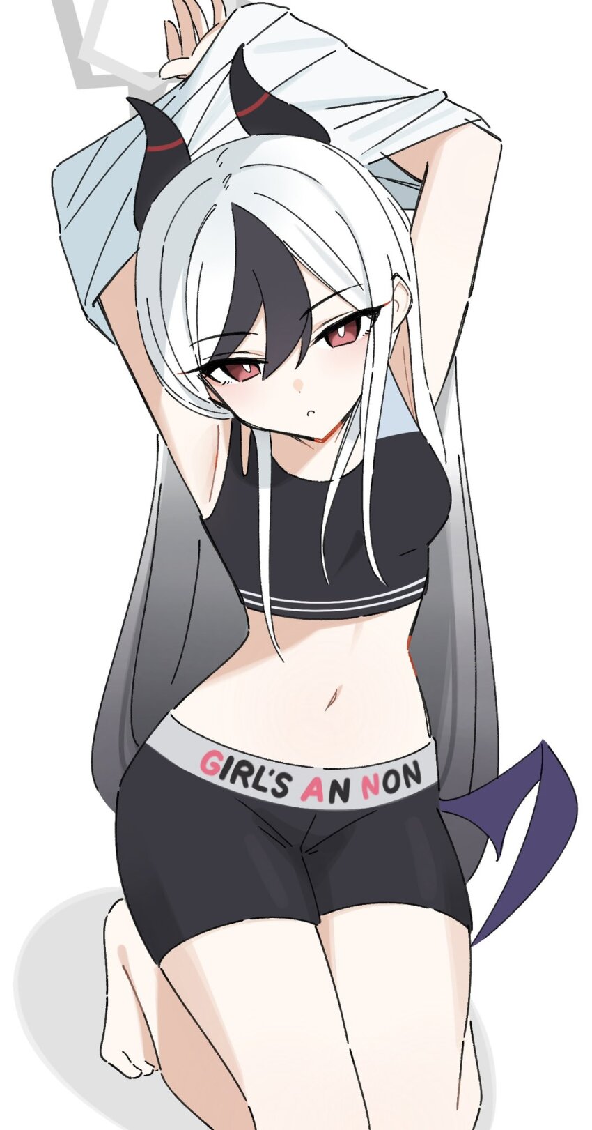 1girl armpits arms_up artist_request black_hair black_shorts black_sports_bra blue_archive breasts demon_horns demon_wings hair_between_eyes halo horns kayoko_(blue_archive) kneeling long_hair low_wings midriff multicolored_hair navel otofu_0isii red_eyes removing_shirt short_shorts shorts single_wing small_breasts solo sports_bra two-tone_hair underwear undressing white_background white_hair wide_hips wings