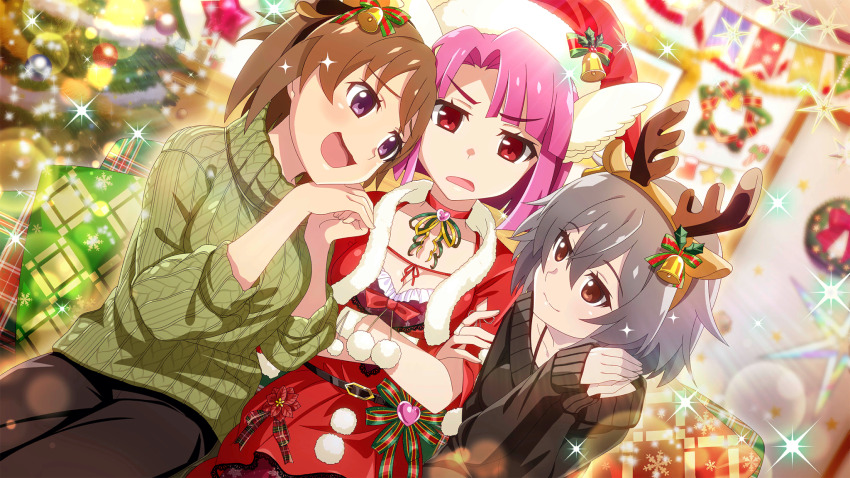 3girls :d akasaka_miyuki angel_wings annoyed antlers belt black_belt black_pants black_sweater blurry brown_eyes brown_hair capelet choker chreest christmas_ornaments christmas_tree christmas_wreath closed_mouth couch crossed_arms cushion depth_of_field dress dutch_angle fake_antlers frilled_dress frills fur_capelet fur_hat game_cg green_sweater grey_hair hat head_wings highres higurashi_no_naku_koro_ni higurashi_no_naku_koro_ni_mei horns indoors kimiyoshi_kazuho lens_flare long_sleeves looking_at_another mini_wings multiple_girls non-web_source official_art on_couch open_mouth own_hands_together pants pink_hair purple_eyes red_capelet red_choker red_dress red_eyes red_hat reindeer_antlers santa_costume short_hair short_sleeves sitting smile sparkle star_(symbol) string_of_flags sweater tamurahime_no_mikoto turtleneck turtleneck_sweater wings wreath