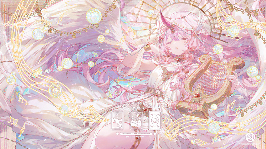 1girl closed_eyes commentary commission dress feathered_wings halo harp highres horns instrument long_hair original pink_hair single_horn solo symbol-only_commentary umehara_sei watermark white_dress white_wings wings