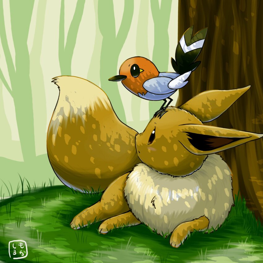 animal_focus beak bird brown_eyes brown_fur eevee fletchling gen_1_pokemon gen_6_pokemon highres lying moshi2hitomoshi nintendo no_humans on_head pokemon pokemon_(creature) pokemon_focus pokemon_on_head tail tree under_tree wings