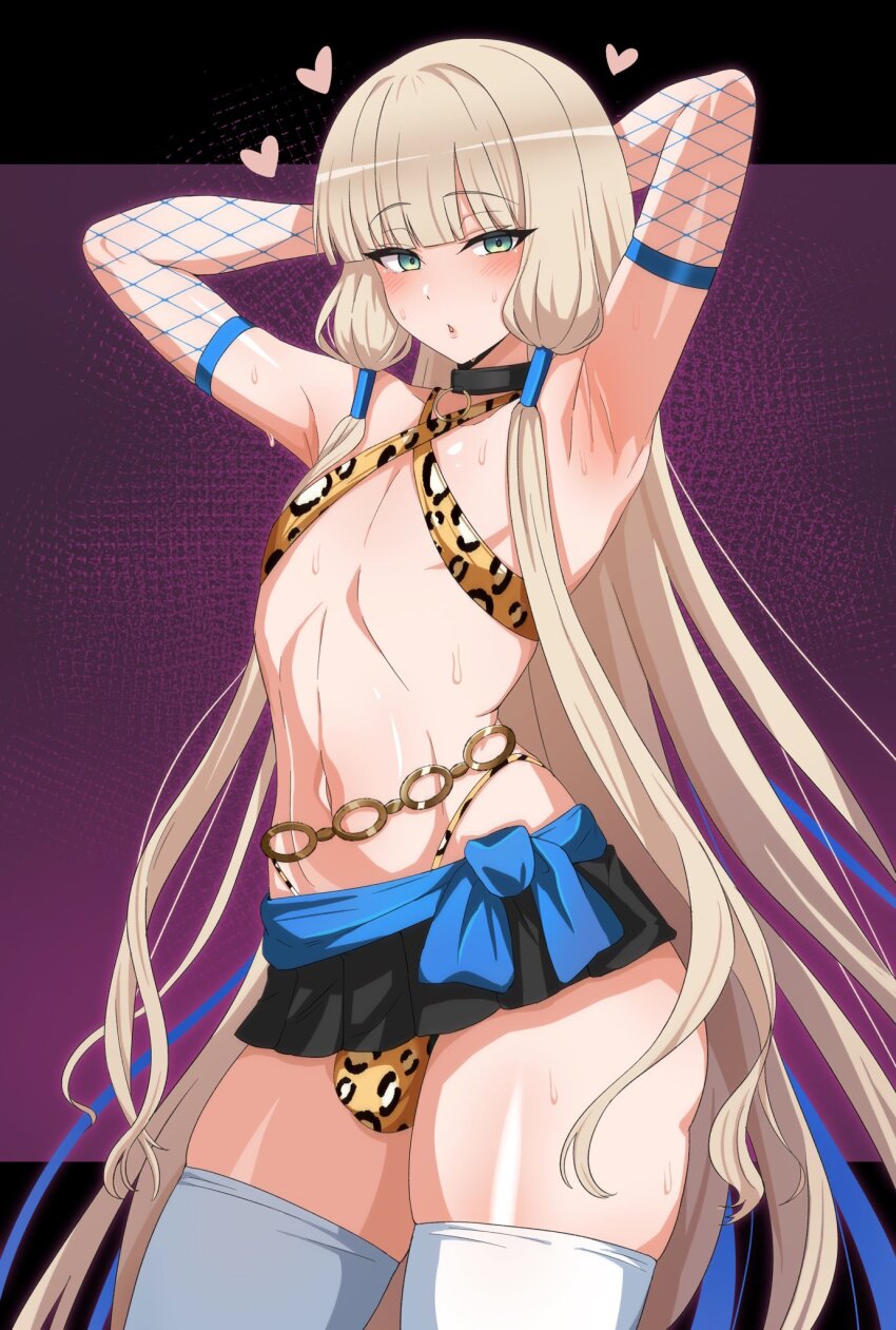 1boy animal_print armpits arms_up blonde_hair blue_ribbon bulge collar commentary_request cowboy_shot fate/grand_order fate_(series) fishnets green_eyes heart highres leopard_print long_hair looking_at_viewer male_focus noah_(fate) parted_lips ribbon sidelocks skirt solo spoken_heart standing sweat thighhighs trap very_long_hair white_thighhighs zanegoodell