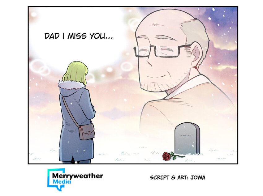 1boy 1girl artist_name bag balding beard_stubble blue_coat brown_bag closed_eyes closed_mouth coat commentary english_commentary english_text facial_hair father_and_daughter flower fur-trimmed_coat fur_trim green_hair jowa merryweather mourning old old_man original red_flower red_rose rose short_hair shoulder_bag smile snow snowing stubble tombstone winter