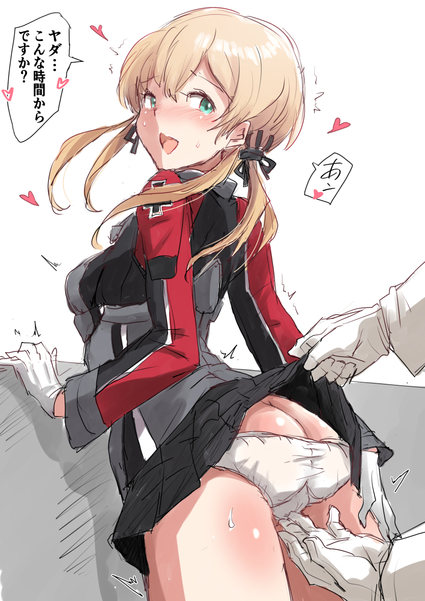 1girl anchor_hair_ornament ass black_skirt blonde_hair blue_eyes blush breasts butt_crack clothes_lift commentary_request fingering fingering_through_clothes fingering_through_panties fuji_(pixiv24804665) gloves hair_ornament heart highres kantai_collection lifting_another's_clothes long_hair long_sleeves looking_at_viewer looking_back medium_breasts military_uniform miniskirt open_mouth panties pleated_skirt prinz_eugen_(kancolle) sketch skirt skirt_lift solo solo_focus speech_bubble through_clothes translation_request twintails underwear white_gloves white_panties
