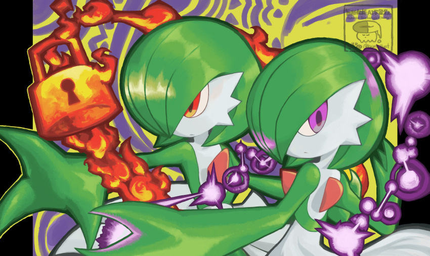 2girls alternate_eye_color arm_up artist_name bob_cut closed_mouth colored_skin energy female_focus fewer_digits fire flat_chest gardevoir gen_3_pokemon green_hair green_skin hair_over_one_eye hand_up keyhole kurashina_(krsn_poke324) lock looking_afar looking_back multicolored_skin multiple_girls nintendo one_eye_covered outside_border outstretched_arm padlock pillarboxed pokemon pokemon_(creature) purple_eyes pyrokinesis red_eyes serious short_hair spread_fingers twitter_username two-tone_background two-tone_skin upper_body watermark white_skin