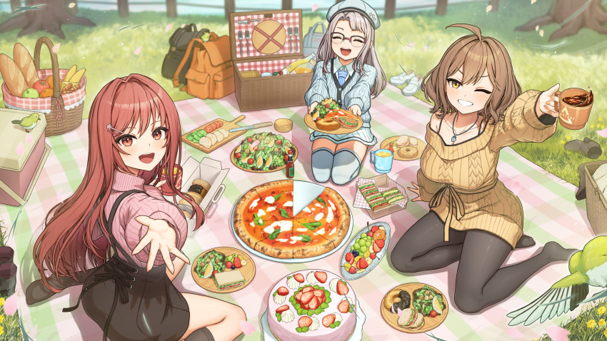 3girls :d ^_^ absurdres ahoge animal anis_(nikke) apple arm_support backpack bag baguette beret bird black_pantyhose black_skirt black_socks blue_necktie blurry blurry_background bowsan bra_strap bread breasts brown_eyes brown_hair brown_sweater cable_knit cake cardigan cherry choppy_bangs closed_eyes coffee coffee_mug collared_shirt commentary_request cup curtained_hair day depth_of_field donut double-parted_bangs dress fingernails food fruit goddess_of_victory:_nikke grapes grass green_apple green_bird grey_cardigan grey_hair grey_hat grin hair_intakes hair_ornament hairclip hand_up hat highres holding holding_cup holding_plate kneehighs knife lemon lemon_slice long_hair medium_hair miniskirt mug multiple_girls necktie neon_(nikke) no_shoes off-shoulder_dress off_shoulder one_eye_closed open_mouth orange_(fruit) orange_nails outdoors pantyhose parallel_hairclips picnic picnic_basket picnic_blanket pink_sweater pizza pizza_slice plate pleated_skirt rapi_(nikke) reaching reaching_towards_viewer red_eyes red_hair ribbed_sweater salad sandwich seiza shirt shoes sitting skirt slice_of_life smile socks splashing strawberry strawberry_cake strawberry_slice suspender_skirt suspenders sweater sweater_dress sweater_tucked_in turtleneck turtleneck_sweater unworn_shoes very_long_hair wariza white_shirt white_skirt wing_collar yokozuwari