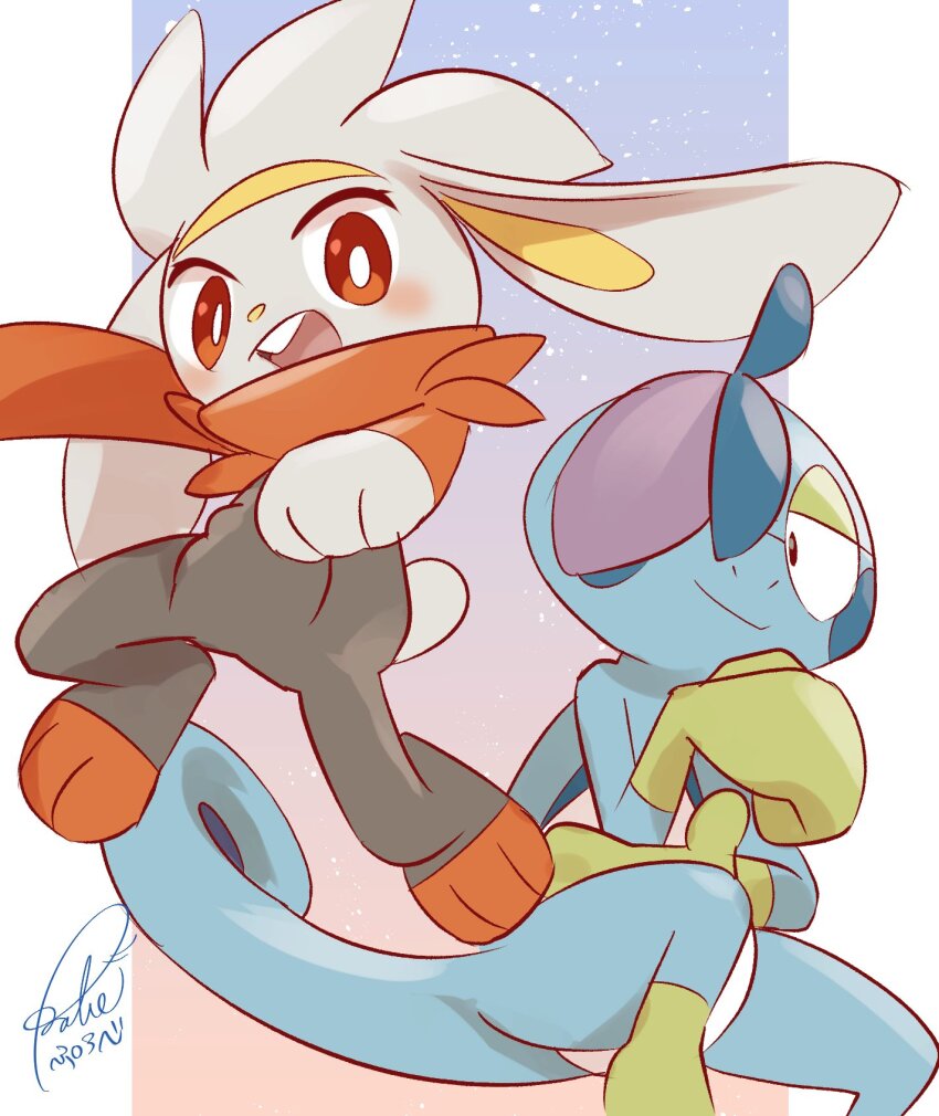 2others black_eyes blue_hair blue_skin blush body_fur bright_pupils closed_mouth colored_skin drizzile furry gen_8_pokemon highres multiple_others nintendo open_mouth other_focus pokemon pokemon_(creature) purobe purple_hair raboot smile tail white_fur white_pupils