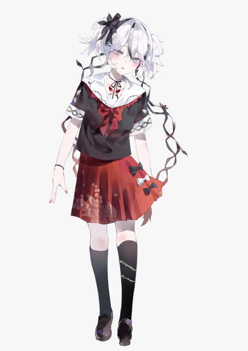 1girl absurdres alternate_costume black_flower black_shirt black_shoes black_socks blake_bloom_(wuthering_waves) blush camellya_(wuthering_waves) commentary flower full_body grey_background grey_eyes hair_flower hair_ornament hair_vines highres looking_at_viewer parted_lips red_pupils red_skirt shigureszku shirt shoes short_hair short_sleeves simple_background skirt socks solo white_hair wuthering_waves