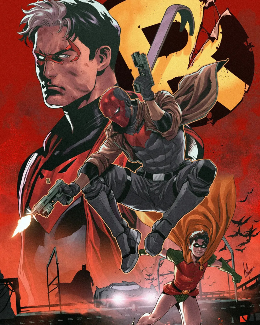 bat_signal batman batman_(series) batman_symbol batmobile black_bodysuit black_gloves black_hair blue_eyes bodysuit brown_jacket cape cowl dc_comics domino_mask dual_wielding eye_mask gloves grey_bodysuit gun highres holding holding_gun holding_weapon jacket jason_todd lucas_meyer male_focus mask multicolored_bodysuit multicolored_hair multiple_boys multiple_persona muscular muscular_male open_clothes pants red_hood_(2018_costume) red_hood_(dc) red_hood_and_the_outlaws red_mask robin_(dc) shirt short_hair superhero_costume taut_bodysuit two-tone_bodysuit two-tone_hair weapon western_comics_(style) yellow_cape