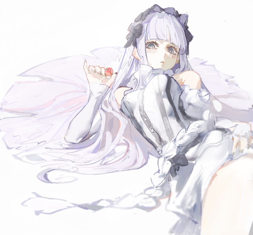 1girl absurdres bare_shoulders black_bow black_eyes blunt_bangs blush bow braid breasts cherry collar commentary_request detached_sleeves dress fate/strange_fake fate_(series) food francesca_prelati_(fate) frilled_collar frills fruit hair_bow highres long_hair looking_at_viewer lying medium_breasts nbrush19 ringed_eyes sidelocks solo striped_clothes striped_dress thighs very_long_hair white_dress white_hair