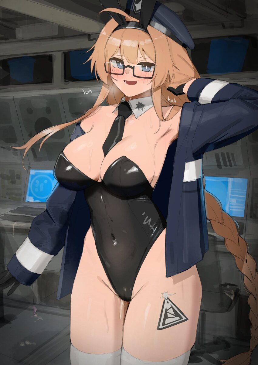 1girl absurdres animal_ears black_gloves black_leotard blonde_hair blue_eyes braid breasts cameltoe commentary cowboy_shot detached_collar english_commentary fake_animal_ears gloves heavy_breathing highres indie_virtual_youtuber jacket large_breasts leotard long_bangs long_braid looking_at_viewer monitor playboy_bunny pussy_juice rectangular_eyewear rhodes_island_logo_(arknights) semi-rimless_eyewear shiny_leotard shiny_skin ship_interior single_braid sweat thighhighs virtual_youtuber whiskey_project white_thighhighs xerbatt