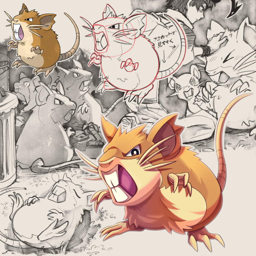 1boy animal_ears animal_nose bright_pupils buck_teeth claws commentary_request gen_1_pokemon headpat highres lying mouse_(animal) mouse_ears mouse_tail nintendo on_back pokemon pokemon_(creature) pokemon_frlg raticate rattata red_(pokemon) shoupitsuki sketch sleeping tail teeth trash_can whiskers white_pupils