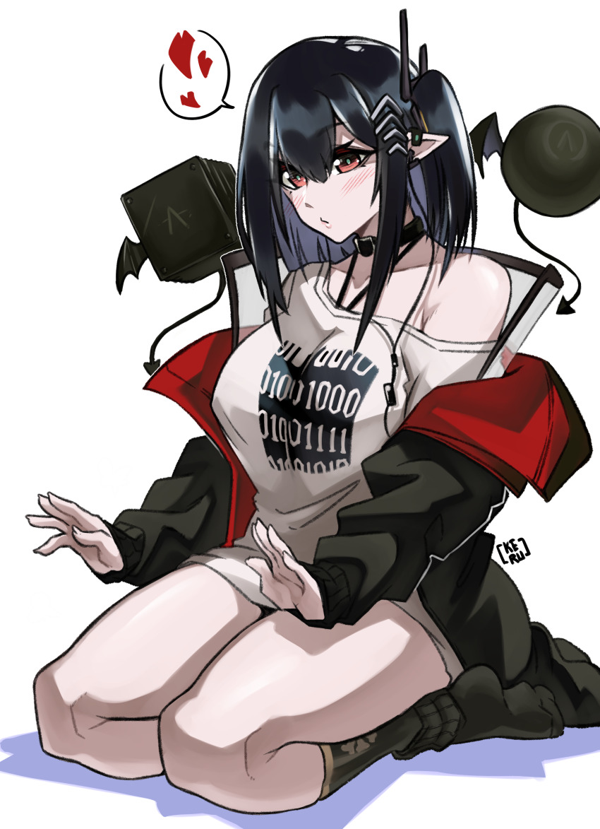absurdres arknights artist_name black_choker black_hair black_jacket black_socks blush breasts choker closed_mouth closure_(arknights) collarbone commentary drone english_commentary full_body hair_between_eyes headpiece heart highres jacket keru-the-green large_breasts legs long_hair looking_at_viewer open_clothes open_jacket pointy_ears red_eyes shadow shirt simple_background single_bare_shoulder socks solo speech_bubble spoken_heart two-sided_fabric two-sided_jacket white_background white_shirt