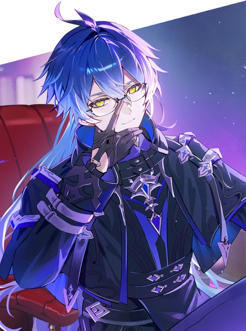 1boy antenna_hair azna bespectacled black-framed_eyewear black_capelet black_coat black_gloves black_ribbon blue_hair capelet chair closed_mouth coat collared_capelet commentary_request crossed_bangs eyelashes flins_(genshin_impact) genshin_impact glasses gloves gradient_hair hair_between_eyes hair_intakes hand_on_own_face hand_up highres light_particles long_hair long_sleeves looking_at_viewer male_focus multicolored_hair on_chair purple_shirt ribbon shirt sitting sleeve_cuffs smile solo upper_body yellow_eyes