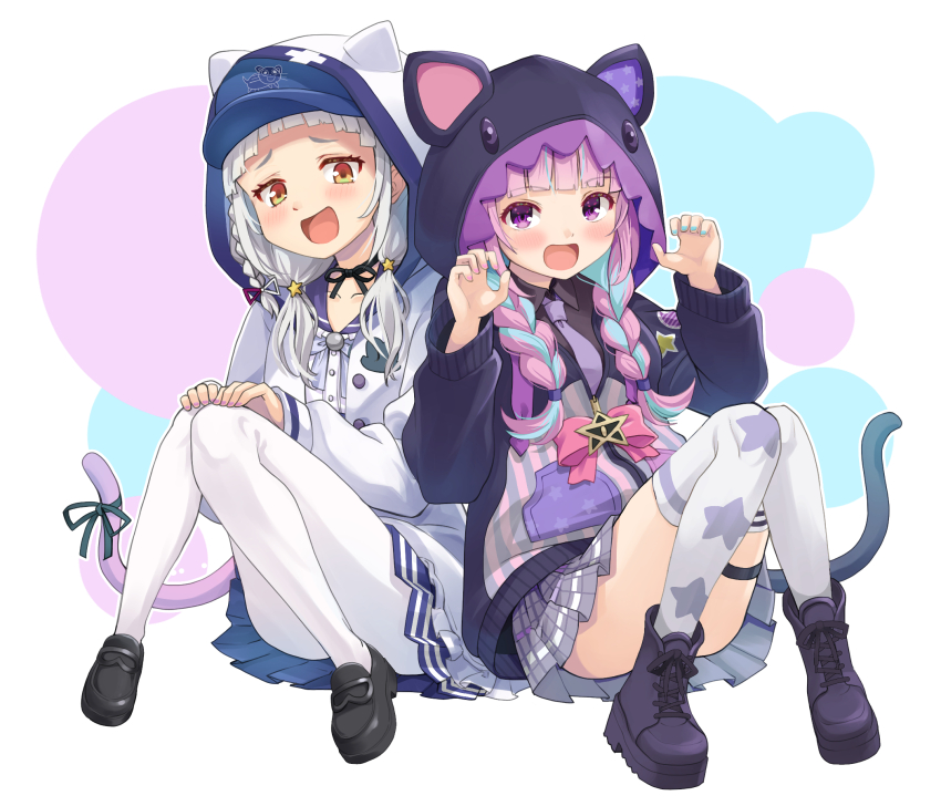 2girls :d animal_ears animal_hood ankle_boots arched_bangs asymmetrical_legwear baseball_cap black_boots black_choker black_jacket black_shirt black_shoes blue_hair blue_hat blue_nails blue_sailor_collar blue_skirt blue_streaks blunt_bangs blush boots braid braided_twintails cat_ears cat_hood cat_tail choker claw_pose collared_shirt commentary_request cosplay costume_switch detached_collar dress_shirt frilled_sailor_collar frills full_body grey_hair grey_skirt hands_on_own_knees haniwa_(leaf_garden) hat hat_under_hood highres hololive hood hood_up hooded_jacket jacket knees_together_feet_apart loafers long_hair long_sleeves looking_at_viewer low_twin_braids low_twintails minato_aqua minato_aqua_(cosplay) minato_aqua_(sailor) miniskirt mismatched_legwear multicolored_hair multiple_girls murasaki_shion murasaki_shion_(cosplay) murasaki_shion_(school_uniform) nail_polish necktie official_alternate_hairstyle on_floor open_clothes open_jacket open_mouth pantyhose plaid_clothes plaid_skirt pleated_skirt print_thighhighs purple_eyes purple_hair purple_nails purple_necktie raised_inner_eyebrows ribbon ribbon_choker sailor_collar sailor_shirt school_uniform shirt shoes short_eyebrows sidelocks sitting skirt smile smug star_(symbol) star_print tail tail_ornament tail_ribbon thigh_strap thighhighs twin_braids twintails two-tone_hair virtual_youtuber white_jacket white_pantyhose white_shirt white_thighhighs