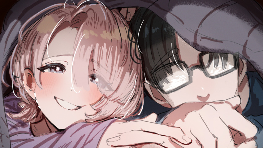 1boy 1girl arimura_mao asymmetrical_bangs black-framed_eyewear black_hair blush commentary_request fingernails gakuen_idolmaster glasses heart idolmaster kasasagi_(futagodori888) pink_hair producer_(idolmaster) purple_eyes shared_blanket smile under_covers