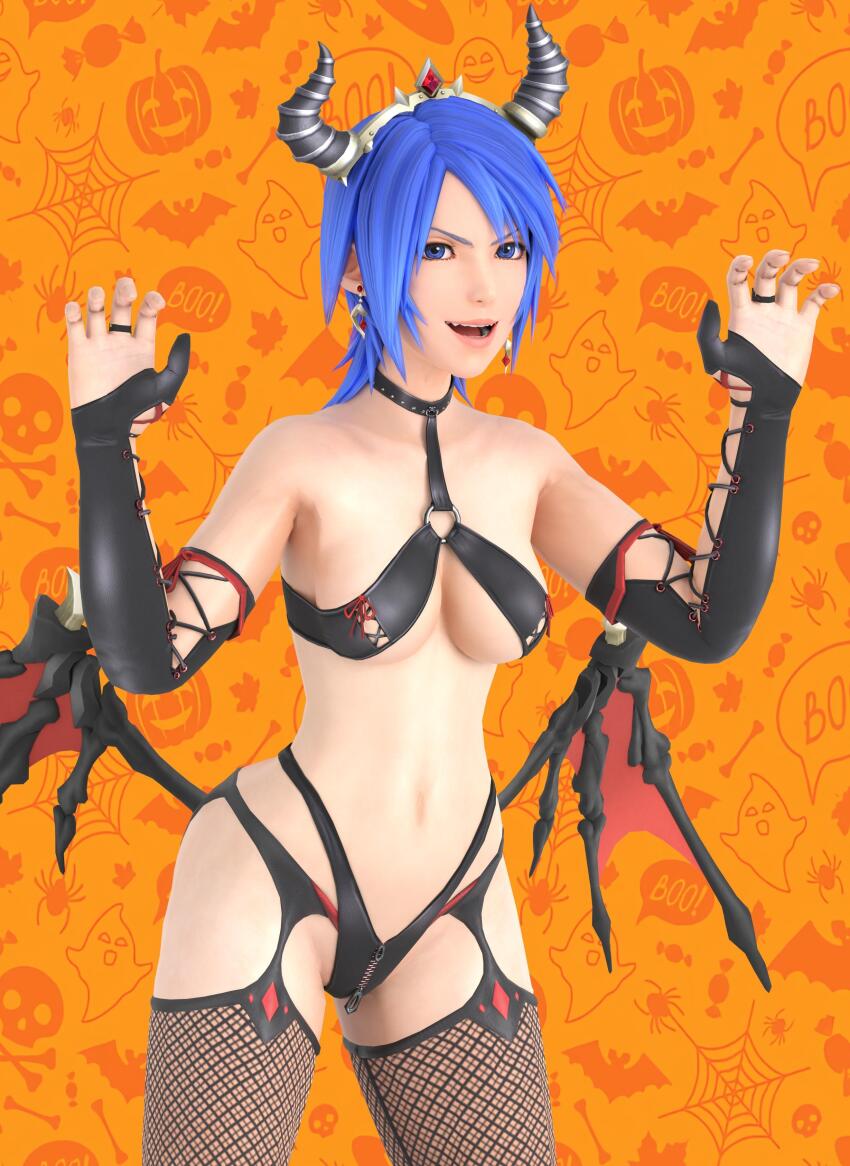 1girl 3d absurdres aqua_(kingdom_hearts) bikini black_bikini blue_eyes blue_hair breasts choker collarbone demon_horns demon_wings earrings elbow_gloves fake_horns fingerless_gloves fishnet_thighhighs fishnets garter_straps gem gloves hairband hands_up highres horns jewelry kingdom_hearts large_breasts looking_at_viewer navel open_mouth red_gemstone ring smile swimsuit thighhighs tiara usbsantiago wings