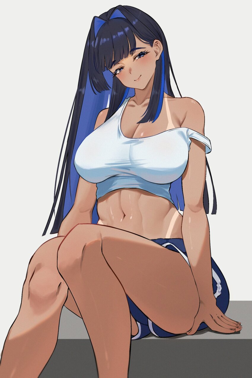 1girl animal_ears black_hair blue_eyes blue_hair blue_shorts breasts closed_mouth colored_inner_hair eipanguino grey_background hair_intakes highres hololive hololive_english large_breasts long_hair multicolored_hair navel ouro_kronii short_shorts shorts simple_background sitting smile solo tan tank_top tanline virtual_youtuber white_tank_top