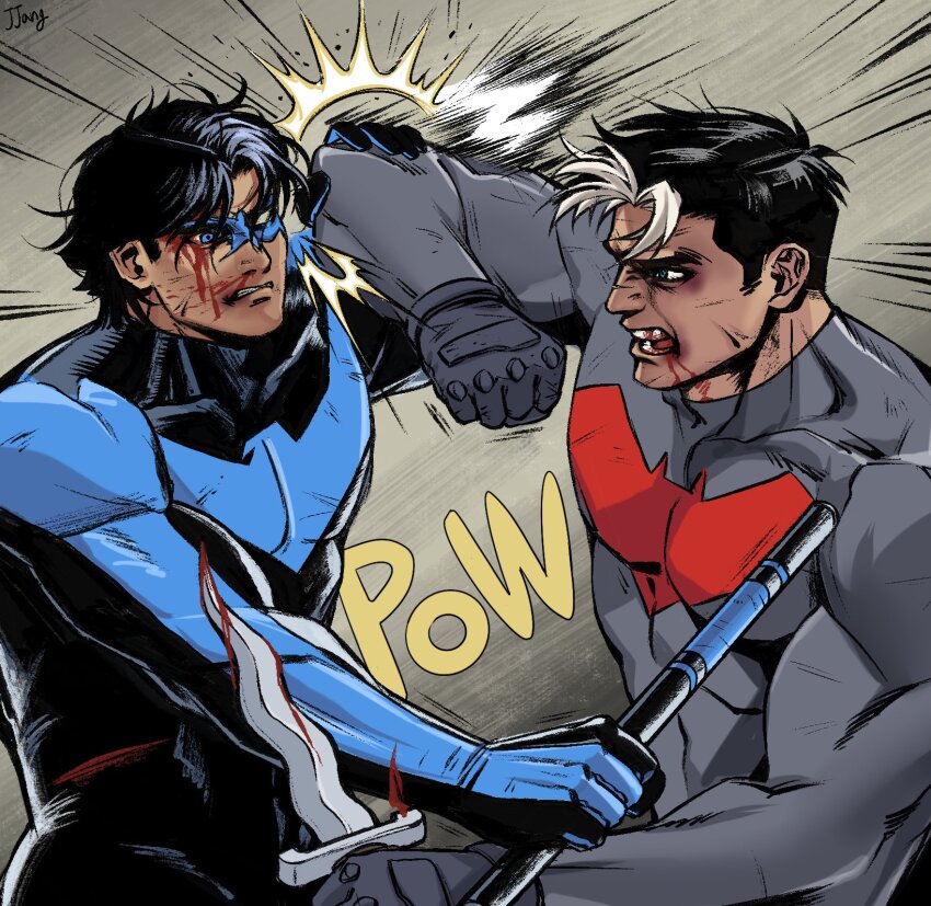 2boys bat_signal batman_(series) batman_symbol black_bodysuit black_gloves black_hair bodysuit brothers dc_comics dick_grayson domino_mask eye_mask gloves grey_bodysuit hashtag-only_commentary highres holding jason_todd jjangpeoboi male_focus mask multicolored_bodysuit multicolored_hair multiple_boys muscular muscular_male nightwing red_hood_(dc) red_hood_and_the_outlaws shirt short_hair siblings superhero_costume taut_bodysuit two-tone_bodysuit