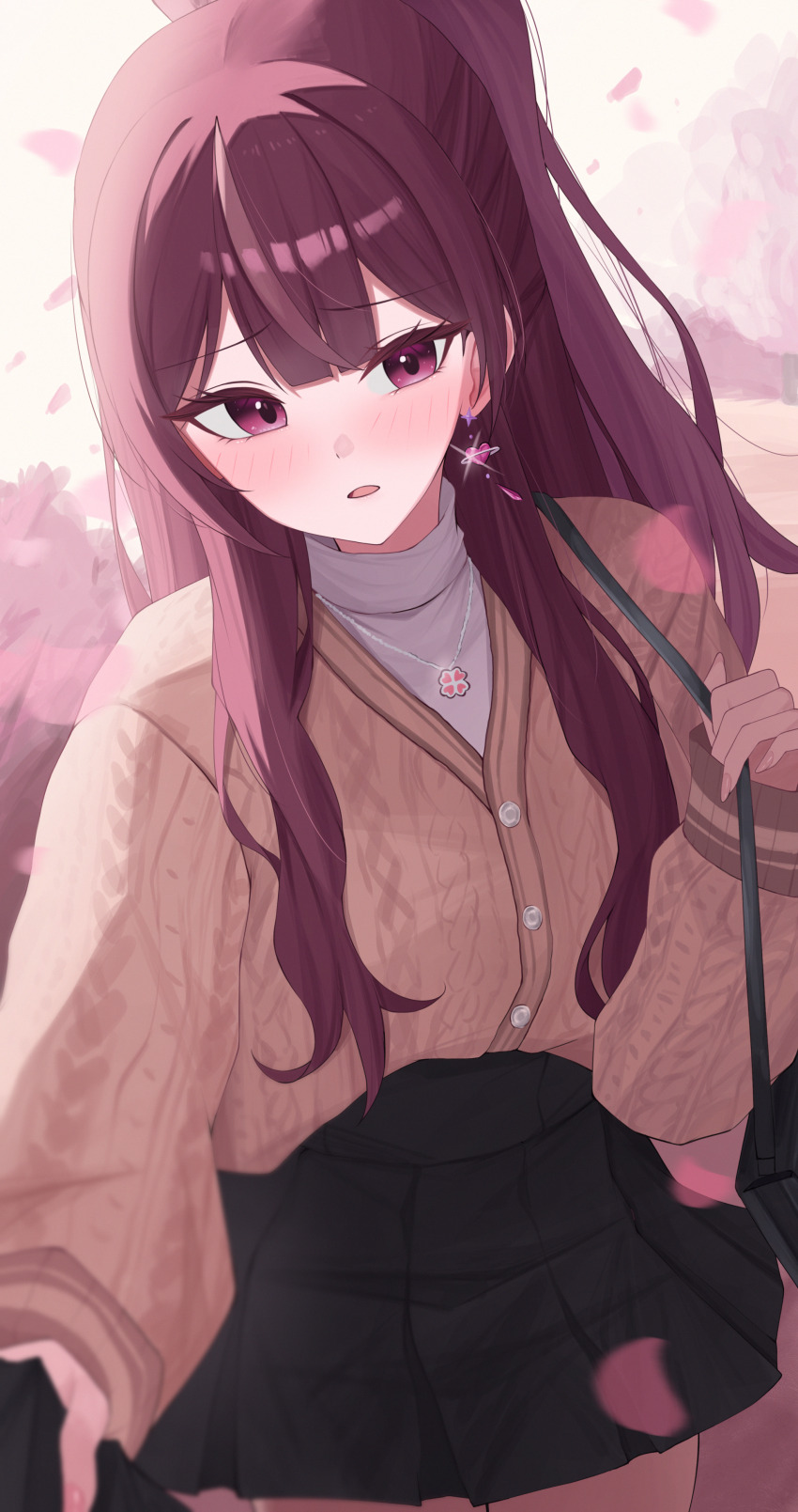 1girl absurdres bag black_skirt blush cardigan cherry_blossoms earrings falling_petals highres jewelry jururu korean_commentary long_hair long_sleeves looking_at_viewer necklace open_mouth petals pleated_skirt ponytail pov purple_eyes purple_hair sei_(0724sei6) shirt skirt solo sweater virtual_youtuber waktaverse white_shirt