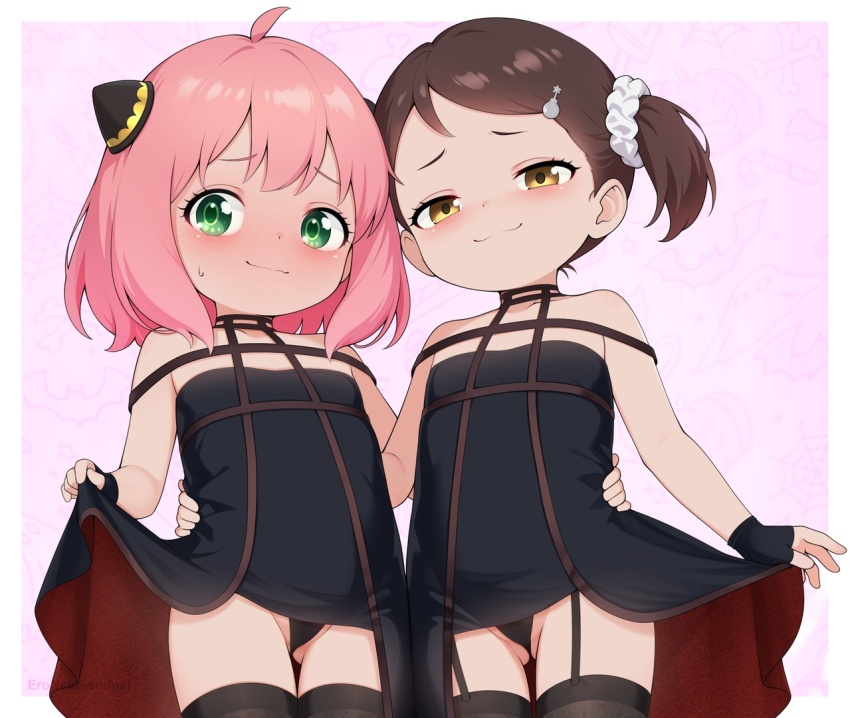 2girls ahoge anya_(spy_x_family) becky_blackbell blush brown_hair child clothes_lift cosplay dress dress_lift embarrassed eroneko_senpai fingerless_gloves flat_chest gloves green_eyes hair_ornament hairclip hairpods lifting_own_clothes loli medium_hair multiple_girls pink_hair short_twintails side-by-side smile spy_x_family standing sweat thighhighs thighs twintails wavy_mouth yellow_eyes yor_briar yor_briar_(cosplay)