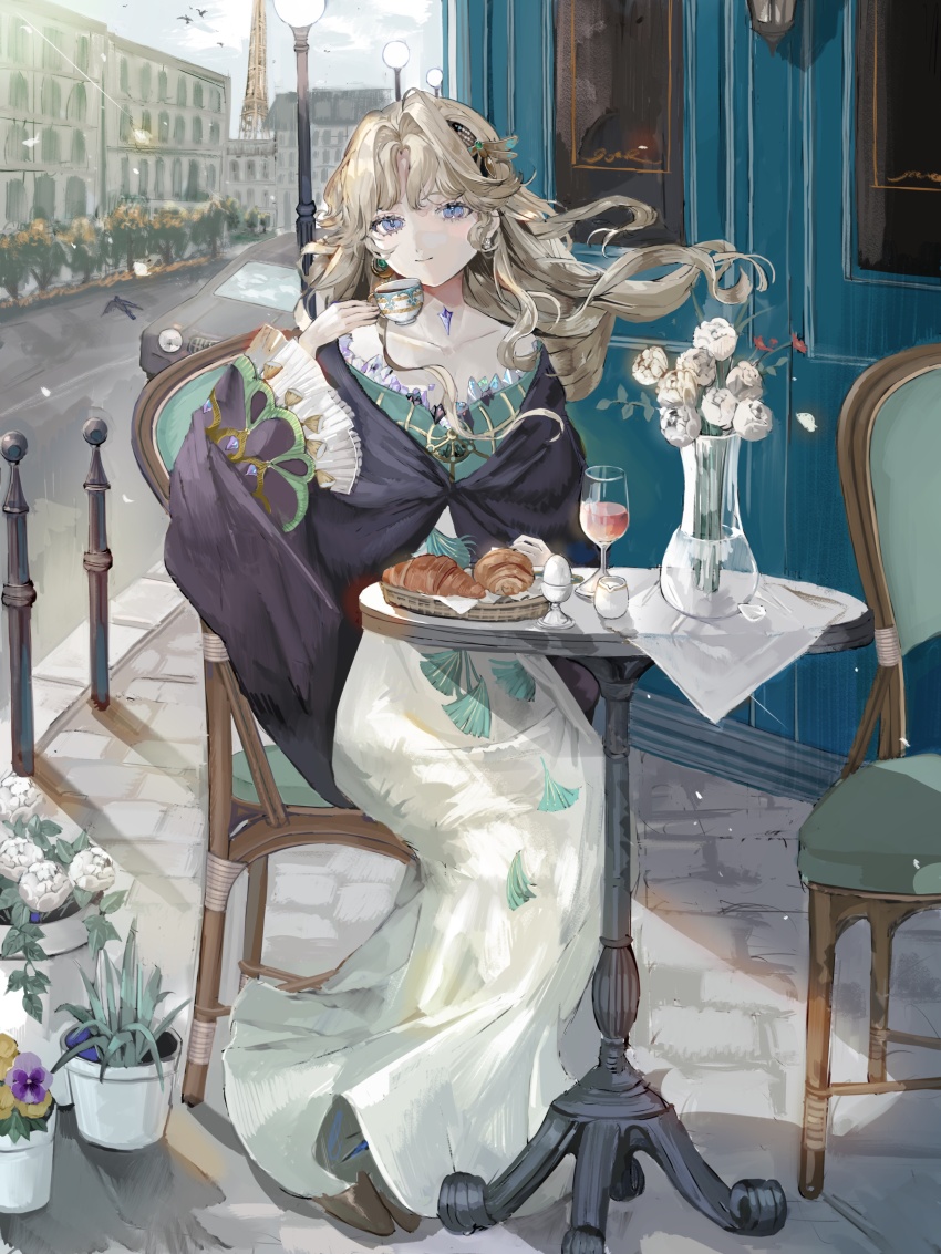 1girl absurdres beryl_bouanich black_cloak blonde_hair blue_eyes bread brick_floor building chair cloak closed_mouth commentary_request crescent crescent_earrings crystal_earrings cup day dragonfly_hair_ornament dress drinking_glass earrings eiffel_tower floating_earrings floating_hair flower food full_body hand_up highres holding holding_cup isshiki_shime jewelry lamppost long_dress long_hair looking_at_viewer mismatched_earrings on_chair outdoors plant plate potted_plant reverse:1999 road round_table sitting smile solo street table teacup vase white_dress white_flower
