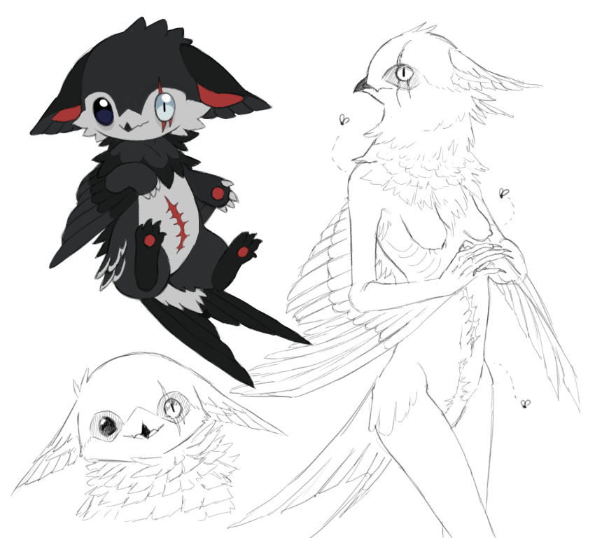 1girl animal_hands beak bird_girl black_feathers breasts bug chibi chibi_inset commentary cowboy_shot english_commentary feathers fly furry furry_female griffin_girl highres insect jejejunum jejenum_(jejejunum) nude original scar scar_across_eye scar_on_face simple_background sketch sketch_inset solo white_background