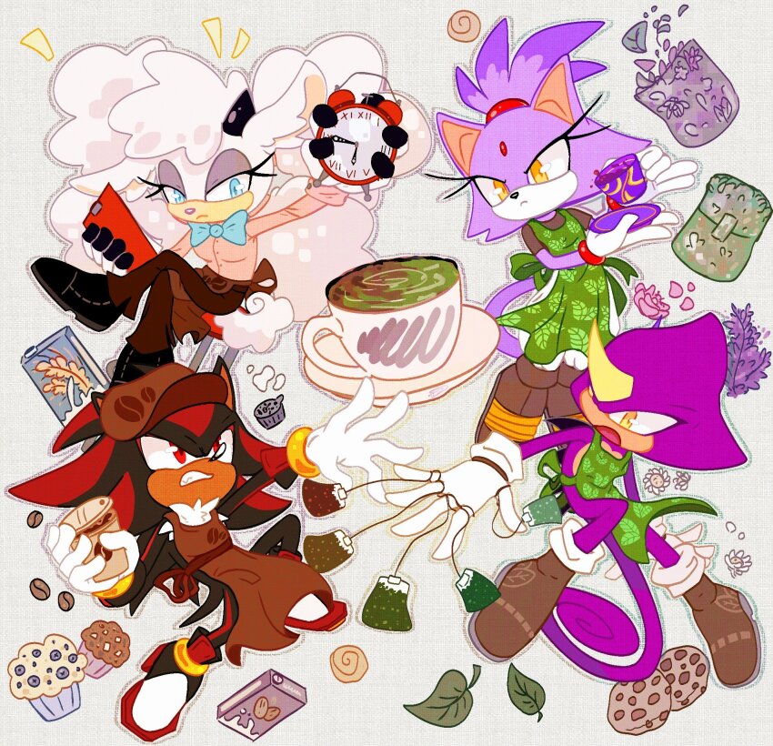 2boys 2girls alternate_costume animal_ears apron black_fur black_shoes blaze_the_cat blue_bow blue_bowtie blue_eyes bow bowtie brown_apron brown_pants cat_ears cat_girl cat_tail chameleon_boy chameleon_tail clipboard clock closed_mouth commentary cookie cup cupcake damnletyuchka disposable_coffee_cup disposable_cup english_commentary espio_the_chameleon eyelashes food forehead_jewel full_body furry furry_female furry_male gloves green_apron hat hedgehog_boy highres holding holding_clipboard holding_clock holding_cup holding_plate horns lanolin_the_sheep leaf leaf_print long_sleeves muffin multiple_boys multiple_girls open_mouth pants plate purple_fur red_eyes red_fur shadow_the_hedgehog sheep_girl shirt shoes short_sleeves sonic_(series) sonic_the_hedgehog_(idw) tail teabag teacup white_gloves yellow_eyes
