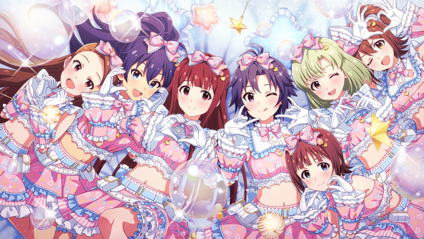 6+girls ;q ahoge amami_haruka antenna_hair belt black_hair blue_belt blue_eyes bow bowtie brown_eyes brown_hair closed_mouth commentary_request detached_sleeves game_cg ganaha_hibiki gloves green_hair hair_bow heart heart_hands heart_print idolmaster idolmaster_(classic) idolmaster_million_live! idolmaster_million_live!_theater_days idolmaster_starlit_season idolmaster_stella_stage kasuga_mirai kikuchi_makoto layered_skirt long_hair looking_at_viewer lying midriff minase_iori multiple_girls navel official_alternate_costume official_art on_back one_eye_closed one_side_up open_mouth pink_bow pink_bowtie pink_skirt print_skirt shiika_(idolmaster) short_hair skirt smile sweet_dolls_(idolmaster) tanaka_kotoha third-party_source tongue tongue_out white_gloves