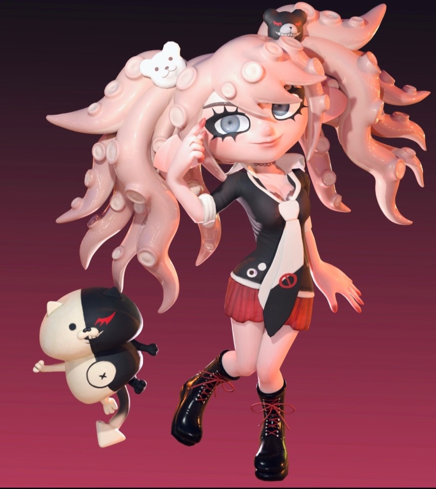1girl 3d bear bear_hair_ornament black_boots black_shirt blonde_hair blue_eyes boots cat danganronpa:_trigger_happy_havoc danganronpa_(series) enoshima_junko hair_ornament highres li'l_judd_(splatoon) monokuma necktie nintendo no_symbol octoling_girl octoling_player_character parody shirt splatoon_(series) style_parody tentacle_hair toxicaliie