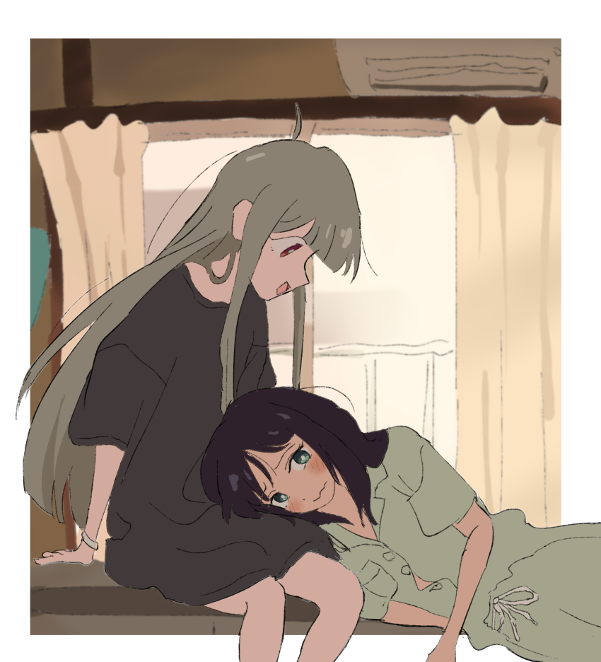 2girls absurdres arm_support black_shirt blunt_bangs blush border cho_kaguya-hime! curtains green_eyes green_pajamas green_shirt grey_hair hashtag-only_commentary highres indoors kaguya_(cho_kaguya-hime!) lap_pillow long_hair looking_at_another looking_down lying multiple_girls on_side open_mouth pajamas red_eyes sakayori_iroha shirt short_sleeves sitting siyuyukika smile t-shirt wavy_mouth white_border window