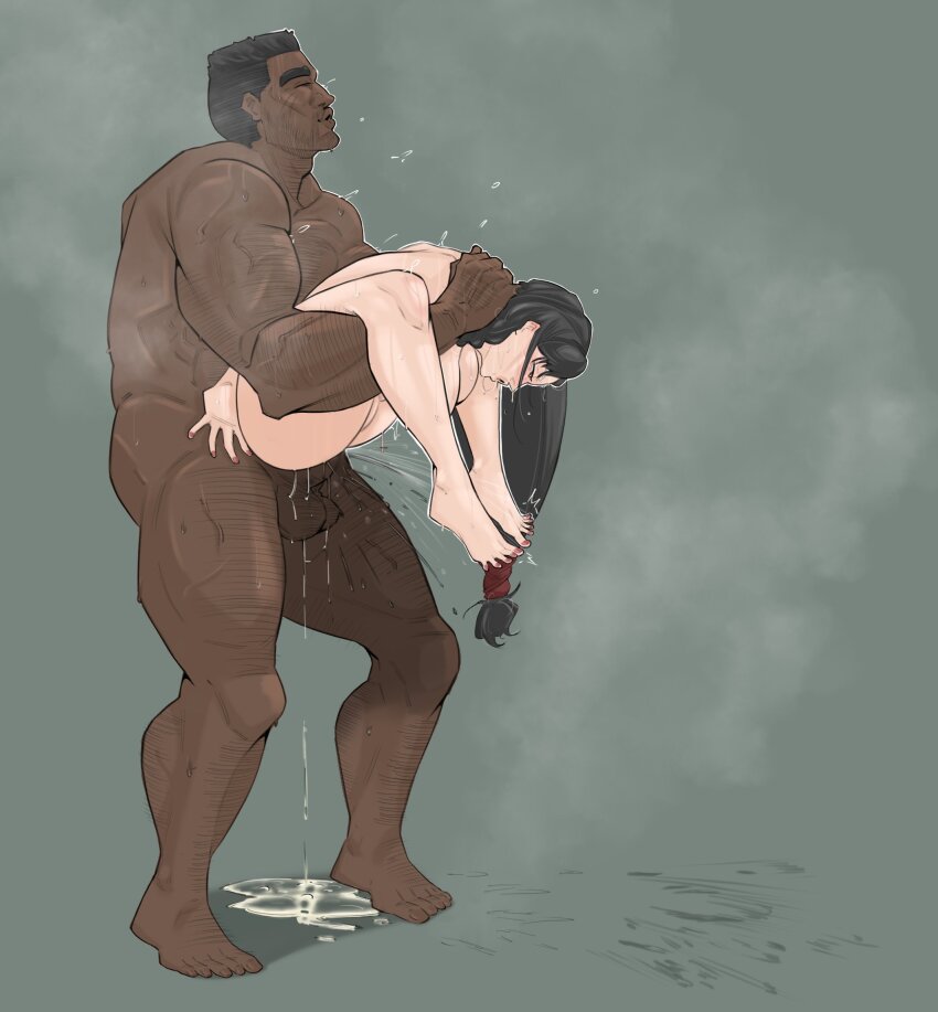 1boy 1girl barret_wallace black_hair breasts closed_eyes commentary completely_nude cum cum_overflow cum_pool dark-skinned_male dark_skin english_commentary female_ejaculation final_fantasy final_fantasy_vii folded full_body full_nelson grey_background half-closed_eyes height_difference hetero highres interracial large_breasts large_penis long_hair low-tied_long_hair muscular muscular_male nude open_mouth penis pussy_juice pussy_juice_stain red_eyes red_nails saliva sex sex_from_behind simple_background standing suspended_congress sweat testicles tifa_lockhart tokyoplip trembling very_dark_skin very_long_hair