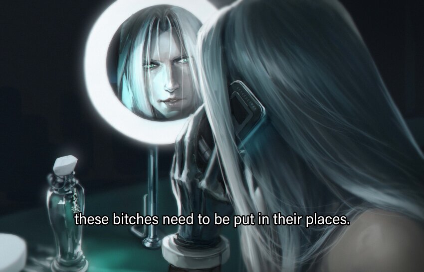 1boy absurdres armor black_gloves bracelet cellphone commentary commission english_commentary english_text final_fantasy final_fantasy_vii final_fantasy_vii_remake flip_phone gloves green_eyes grey_hair highres holding holding_phone jewelry lips long_bangs long_hair looking_at_mirror male_focus mirror parted_bangs parted_lips phone photo-referenced reflection sephiroth shoulder_armor solo spykeee subtitled talking_on_phone upper_body