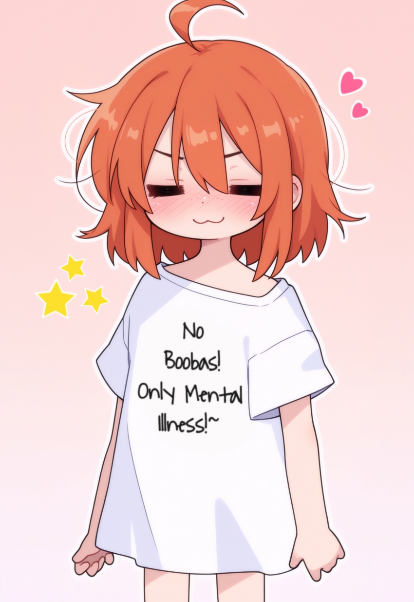1girl :3 =_= absurdres age_difference ahoge ai-assisted blush bob_cut bottomless child closed_eyes covered_mouth crossed_bangs english_text eyebrows_hidden_by_hair female_focus flat_chest freckles hair_between_eyes heart highres hina_kurosawa loli meme messy_hair off_shoulder orange_hair original outline oversized_clothes pink_background pun self-upload shirt short_hair simple_background standing star_(symbol) thighs white_outline