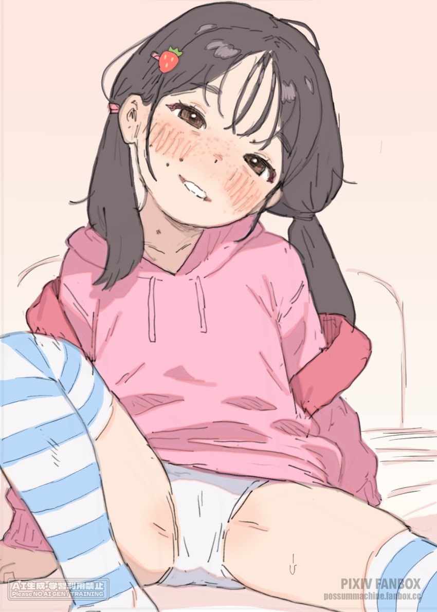 1girl backpack bag black_hair blush food-themed_hair_ornament freckles hair_ornament head_tilt highres hood hoodie legs loli looking_at_viewer original panties possummachine presenting sitting smile spread_legs strawberry_hair_ornament striped_clothes striped_thighhighs sweat thighhighs thighs twintails underwear white_panties