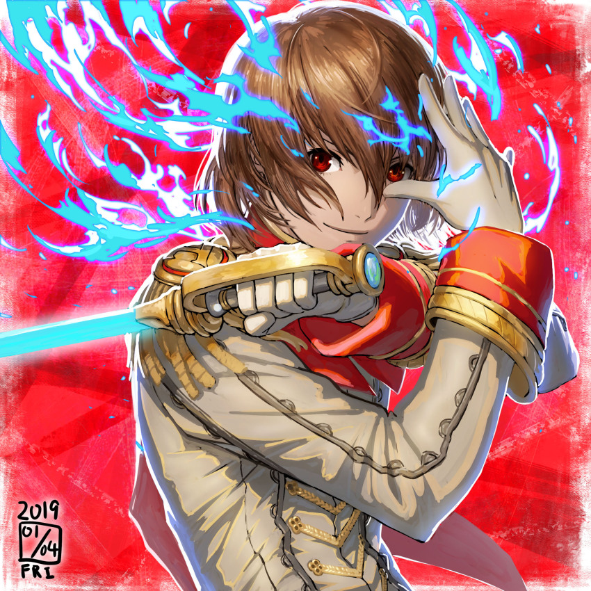 1boy akechi_gorou blue_fire brown_hair commentary_request fire gloves hair_between_eyes hand_on_own_face highres holding holding_sword holding_weapon ikeda_(cpt) jacket long_sleeves looking_at_viewer necktie persona persona_5 red_background red_eyes short_hair simple_background smile solo sword weapon white_gloves