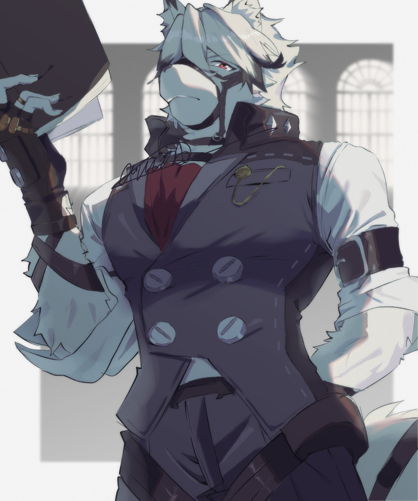 1boy absurdres arm_behind_back arm_strap awapontasu black_gloves black_vest commentary_request fingerless_gloves furry furry_male gloves highres jewelry large_pectorals male_focus muzzle_(mask) pectorals red_eyes ring signature solo upper_body vest von_lycaon white_fur window zenless_zone_zero