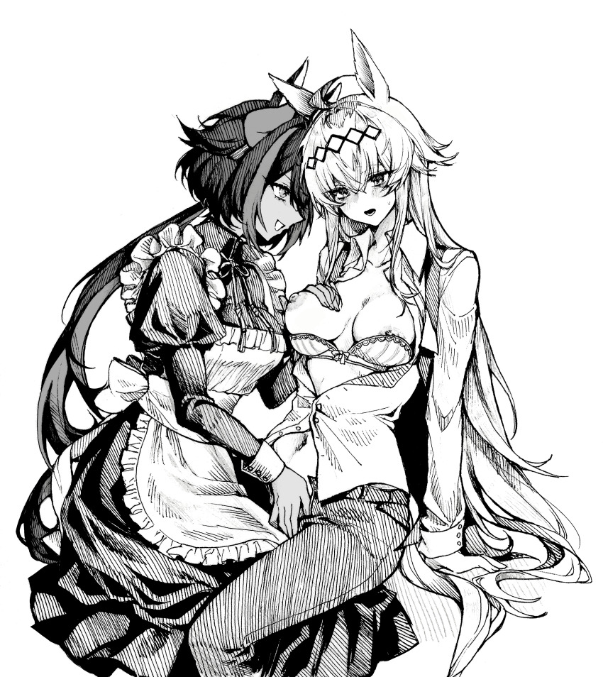 2girls absurdres animal_ears apron aroused blush bra bra_pull breasts clothes_pull collarbone collared_shirt crossed_bangs dark-skinned_female dark_skin dress ear_covers frilled_apron frills groping hair_between_eyes hairband hand_on_another's_crotch highres horse_ears horse_girl horse_tail long_hair looking_at_another low_ponytail maid medium_breasts mill_wakaba_(umamusume) multicolored_hair multiple_girls navel nipples oguri_cap_(umamusume) open_clothes open_fly open_mouth open_shirt pants parted_lips ponytail shirt simple_background sitting smile streaked_hair tail tuwu_(user_yvte3782) umamusume underwear very_long_hair white_background yuri