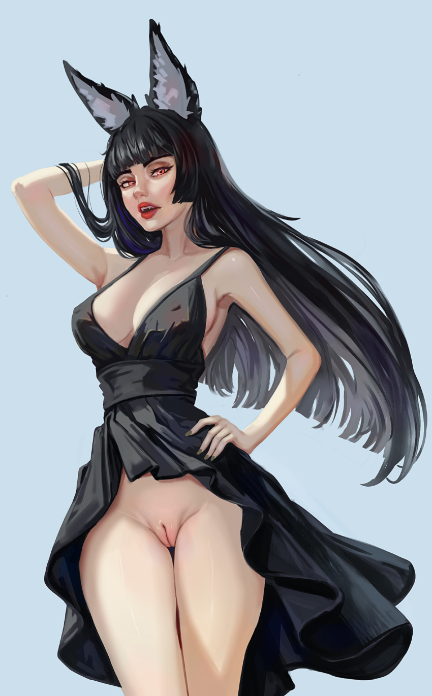 1girl alternate_costume animal_ear_fluff animal_ears armpit_crease black_dress black_hair black_sash blunt_bangs breasts cleavage cowboy_shot dress fox_ears fox_girl hand_in_own_hair hand_on_own_hip hand_up highres hoshimi_miyabi large_breasts long_hair looking_at_viewer miserel nail_polish no_panties pussy red_eyes red_lips sash sideboob solo standing thigh_gap upskirt zenless_zone_zero