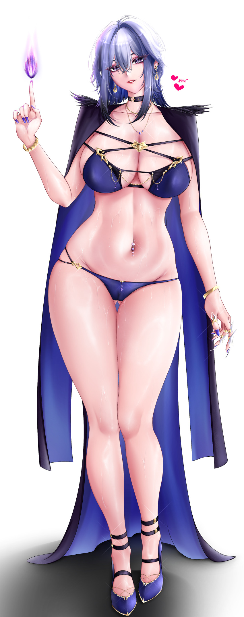 1girl absurdres alternate_costume black_choker blue_bra blue_hair blue_nails blue_panties bra breasts cameltoe cape choker cleavage commentary earrings english_commentary fire full_body galbrena_(wuthering_waves) grey_hair groin gun hair_between_eyes heart high_heels highres huge_breasts jewelry legs makeup medium_hair navel navel_piercing necklace nttw_(pixiv_83907944) panties parted_lips piercing purple_eyes purple_fire revealing_clothes solo stomach sweat thighs underwear weapon wuthering_waves