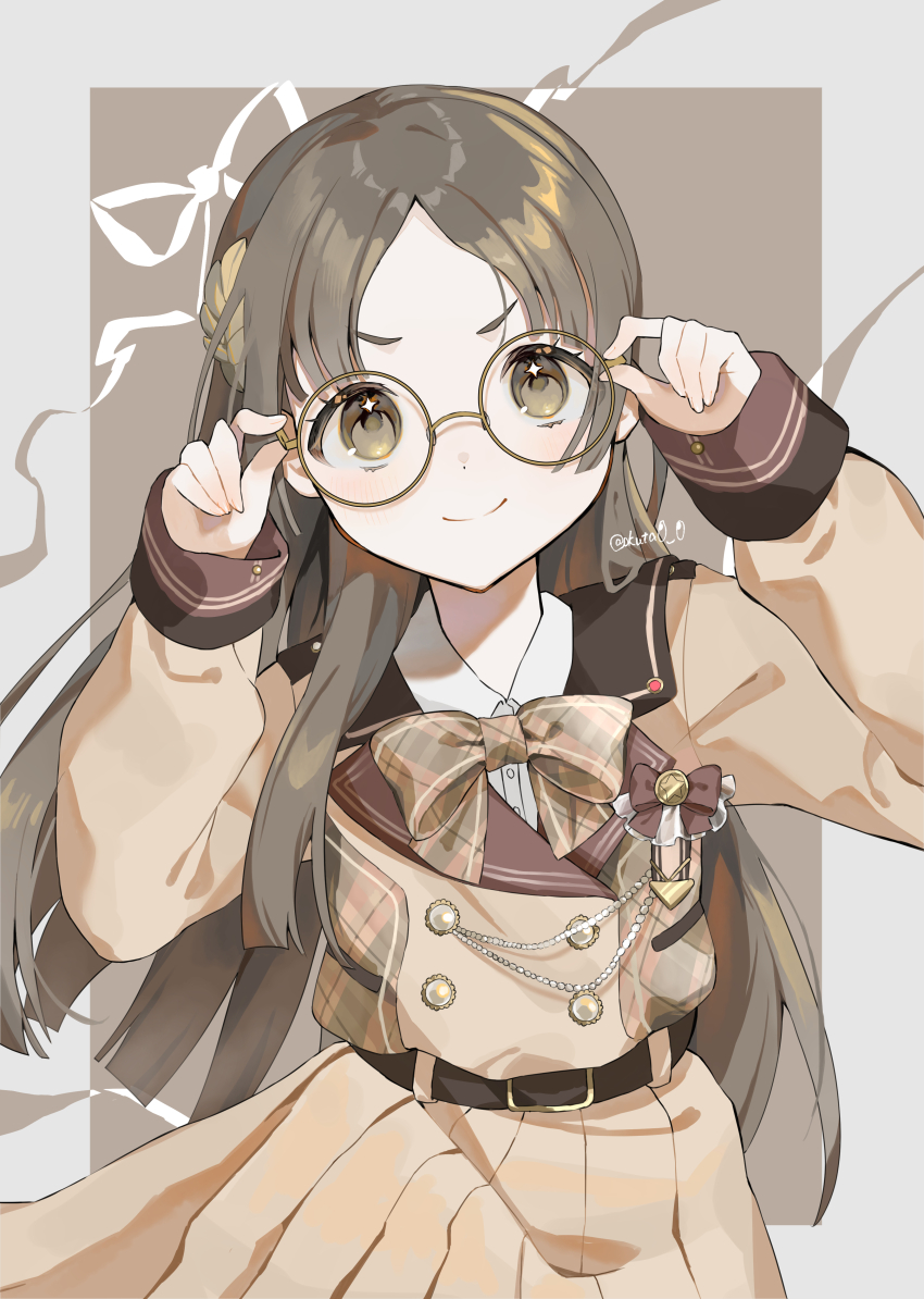 1girl absurdres adjusting_eyewear artist_name belt bow bowtie brown_background brown_bow brown_bowtie brown_hair commentary_request gakuen_idolmaster glasses hair_ornament hands_up highres idolmaster kuramoto_china long_hair long_sleeves looking_at_viewer okuta0_0 parted_bangs plaid_bow plaid_bowtie plaid_clothes skirt smile solo very_long_hair