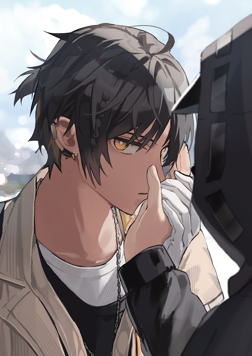 1boy 1other ahoge ambiguous_gender arknights bishounen black_coat black_hair black_shirt brown_jacket cloud cloudy_sky coat commentary_request dark-skinned_male dark_skin doctor_(arknights) ear_piercing earclip earrings gloves hair_over_one_eye hand_grab highres hishoti_cheese hood hood_up hooded_coat jacket jewelry kiss kissing_hand looking_at_viewer male_focus mask multiple_earrings necklace open_clothes orange_eyes piercing ponytail shirt short_hair short_ponytail sky thorns_(arknights) upper_body white_gloves