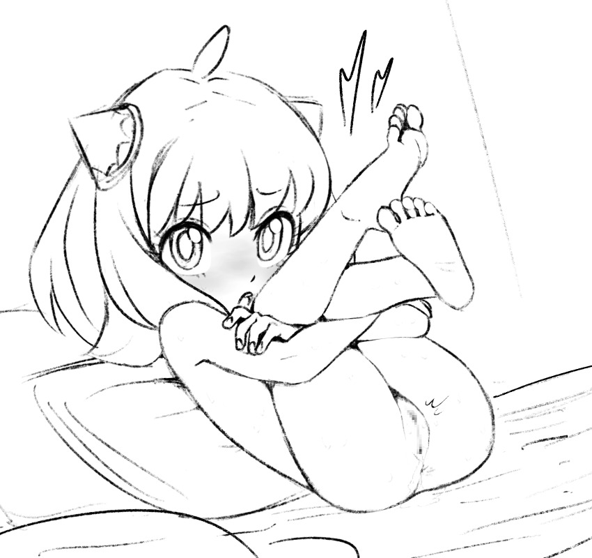 1girl :o ahoge anus anya_(spy_x_family) bed_sheet blush cabronpr censored completely_nude crossed_arms feet fingernails full_body greyscale hair_between_eyes hairpods highres holding_legs legs_up loli looking_at_viewer medium_hair monochrome mosaic_censoring nose_blush nude on_bed open_mouth pillow pussy raised_inner_eyebrows reclining simple_background soles solo spy_x_family tareme teeth toes tongue upper_teeth_only white_background