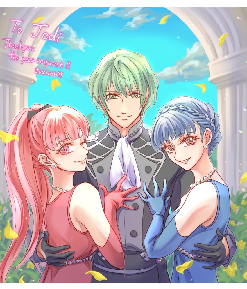 1boy 2girls alternate_costume ascot bare_shoulders blue_dress blue_gloves blue_hair blue_sky breasts brown_eyes buttons cloud commentary_request commission dress earrings elbow_gloves fire_emblem fire_emblem:_three_houses formal_clothes garreg_mach_monastery_uniform gloves green_eyes highres hilda_valentine_goneril hilda_valentine_goneril_(timeskip) jewelry long_hair male_byleth_(awakened)_(fire_emblem) male_byleth_(fire_emblem) marianne_von_edmund marianne_von_edmund_(timeskip) medium_breasts multiple_girls nintendo one_eye_closed pink_dress pink_gloves pink_hair short_hair skeb_commission sky smile ursla99