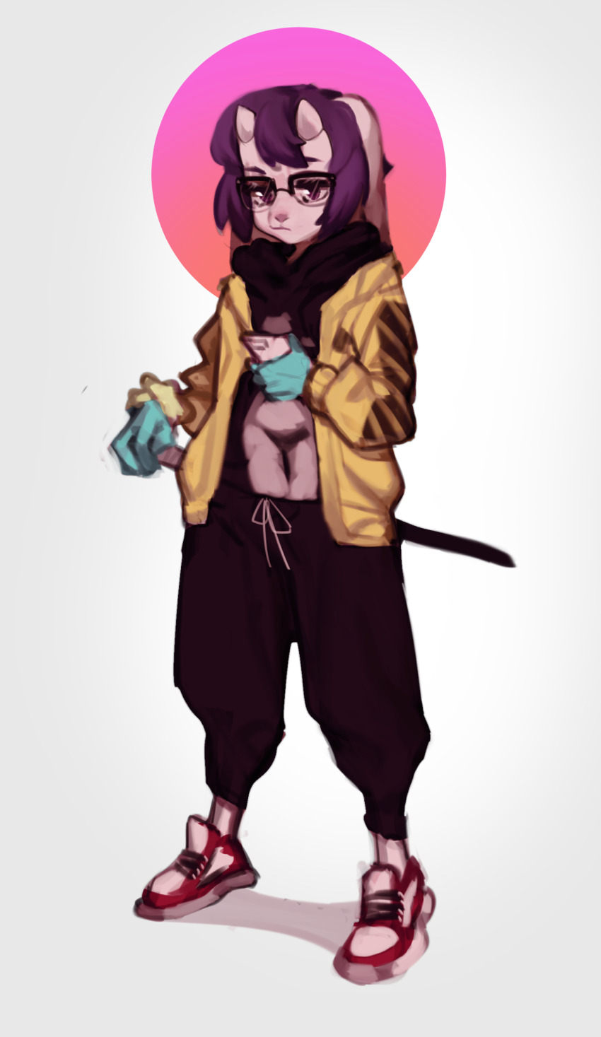 1girl absurdres animal_ears black_pants commission full_body furry furry_female glasses highres holding holding_phone horns jacket katana long_sleeves open_clothes open_jacket original pants phone pita-potato rabbit_ears semi-rimless_eyewear shoes solo standing sword weapon white_background yellow_jacket