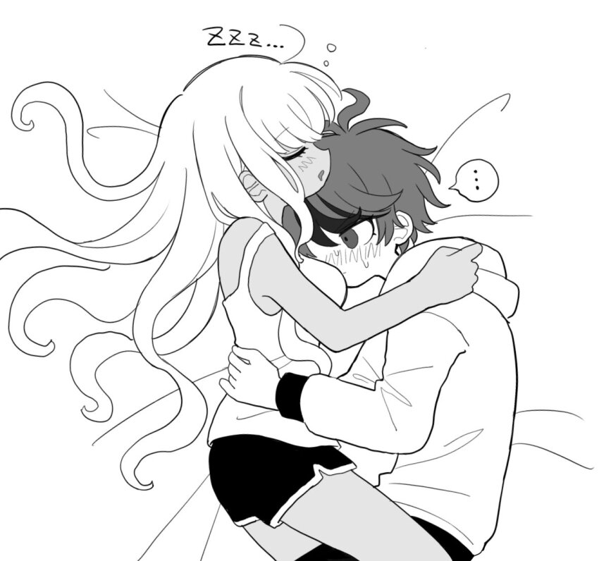 ... 1boy 1girl bed_sheet between_breasts blush breasts closed_eyes closed_mouth commentary face_between_breasts greyscale head_between_breasts hetero hood hood_down hoodie hug kawana_tsubasa kndp087 long_hair lying medium_breasts monochrome multicolored_hair on_side pants parted_lips shorts sleeping spoken_ellipsis streaked_hair sumino_takumi sweat symbol-only_commentary tank_top the_hundred_line_-last_defense_academy- very_long_hair zzz
