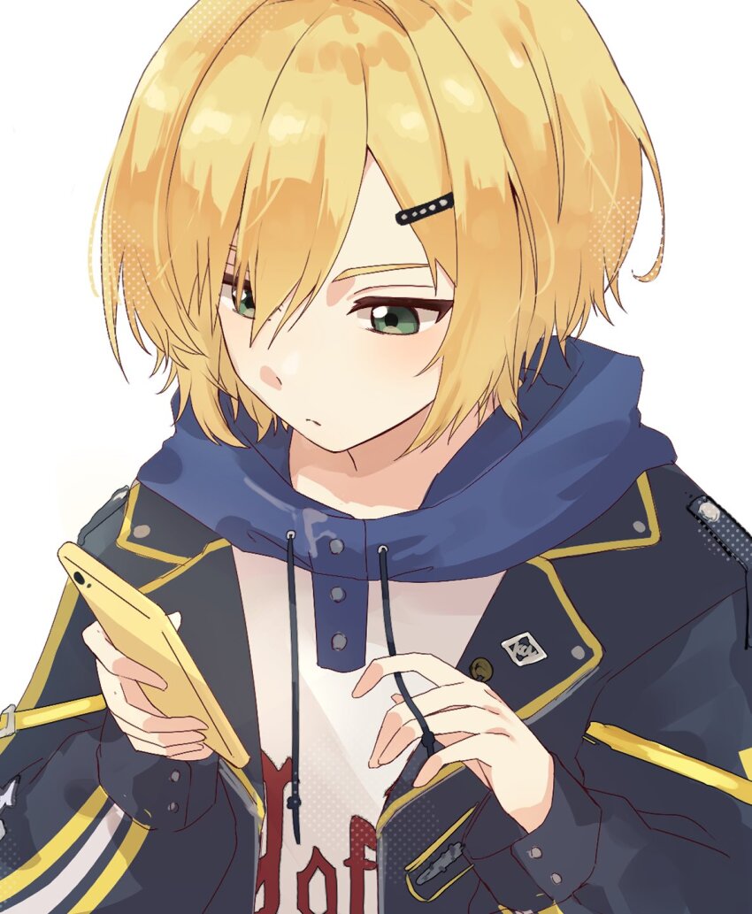 1boy black_jacket blonde_hair blue_hood blush cellphone closed_mouth clothes_writing drawstring green_eyes hair_ornament hair_over_one_eye hairclip highres holding holding_phone holding_string hood hood_down hoodie jacket lapels looking_at_phone male_focus mitei_(nyachas2) nijisanji no_headwear notched_lapels open_clothes open_jacket phone polka_dot print_hoodie short_hair simple_background smartphone solo standing string upper_body uzuki_kou uzuki_kou_(5th_costume) virtual_youtuber white_background white_hoodie wolf_cut yellow_trim
