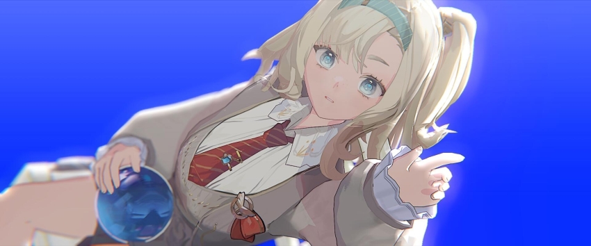 1girl 3d blue_background blue_hairband chinese_commentary collared_shirt commentary_request cowboy_shot crystal_ball dutch_angle grey_hair grey_sweater hairband hand_up highres looking_at_viewer matilda_bouanich medium_hair moonlight_(rayandsirelia1226) necktie one_side_up parted_lips red_necktie reverse:1999 shirt simple_background solo sweater white_shirt