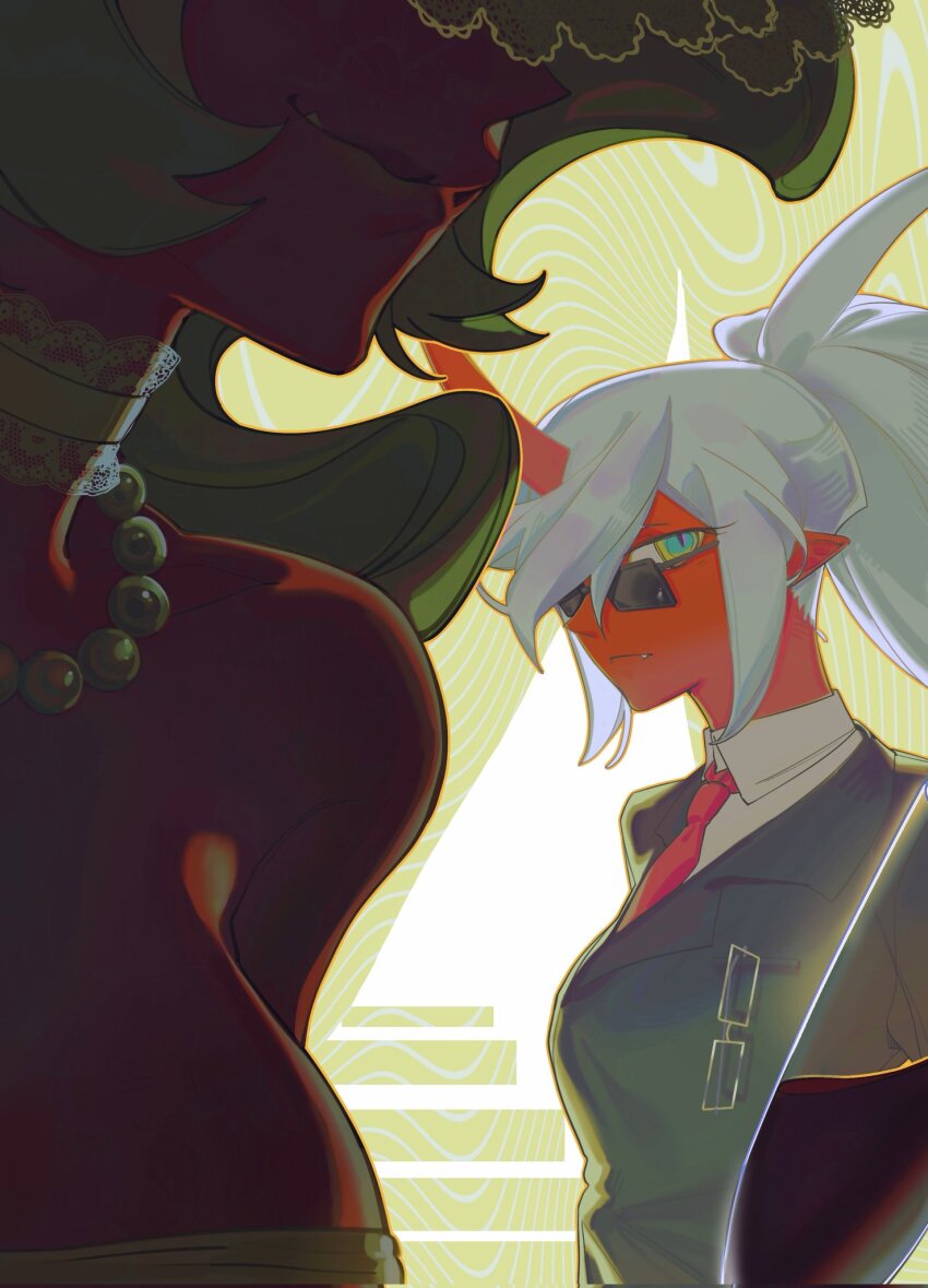 2girls blue_hair breasts colored_skin demon_girl demon_horns demon_wings green_eyes green_hair guru.zong hashtag-only_commentary highres horns kneesocks_(psg) large_breasts long_hair looking_at_another multiple_girls panty_&amp;_stocking_with_garterbelt ponytail red_skin scanty_(psg) wings